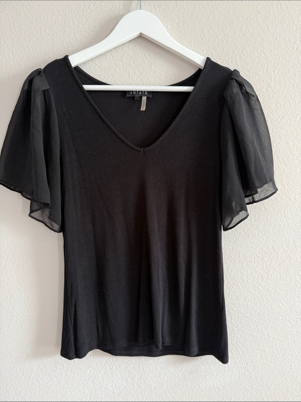1. State Black V-Neck Short Sleeve Top with Sheer Flutter Sleeves